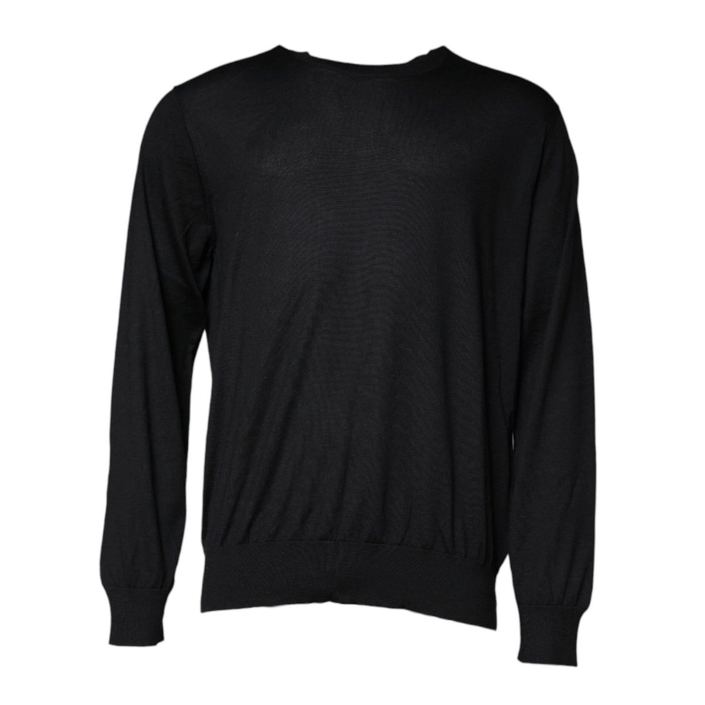 Dolce & Gabbana Black Cashmere Crew Neck Pullover Sweater with logo detail, featuring repaired holes on the left sleeve, made in Italy.