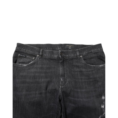 Dolce & Gabbana Black Cotton Slim Fit Distressed Ripped Logo Jeans