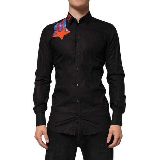 Dolce & Gabbana Black Cotton Star Sequin Dress Formal Men Shirt TSH91257-39