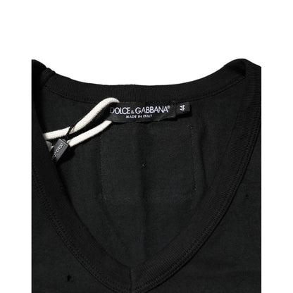 Dolce & Gabbana Black Cotton Tattered Logo V-Neck Men T-shirt