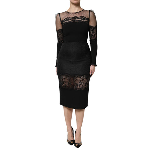 Dolce & Gabbana Black Lace Trim Nylon Tulle Sheath Midi Dress Dolce & Gabbana