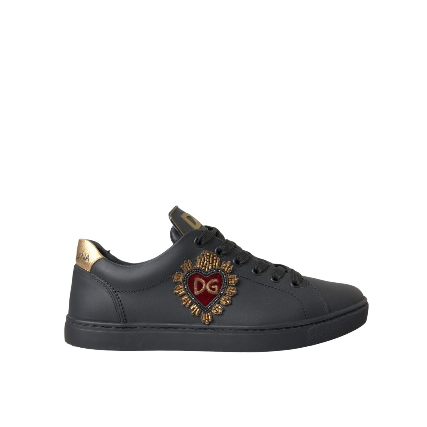 Dolce & Gabbana Black Leather Heart Embellished Sneakers Shoes
