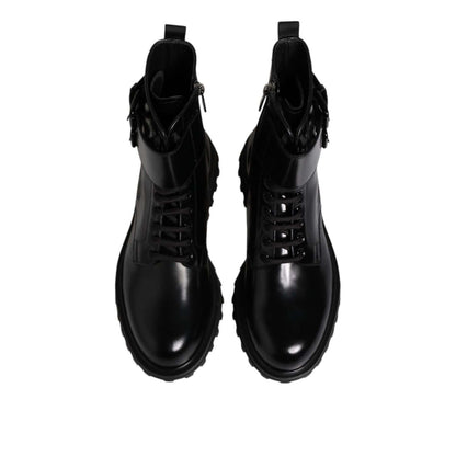 Dolce & Gabbana Black Leather Lace Up Mid Calf Boots Shoes - Top View, Stylish Italian Craftsmanship, Durable Calf Leather