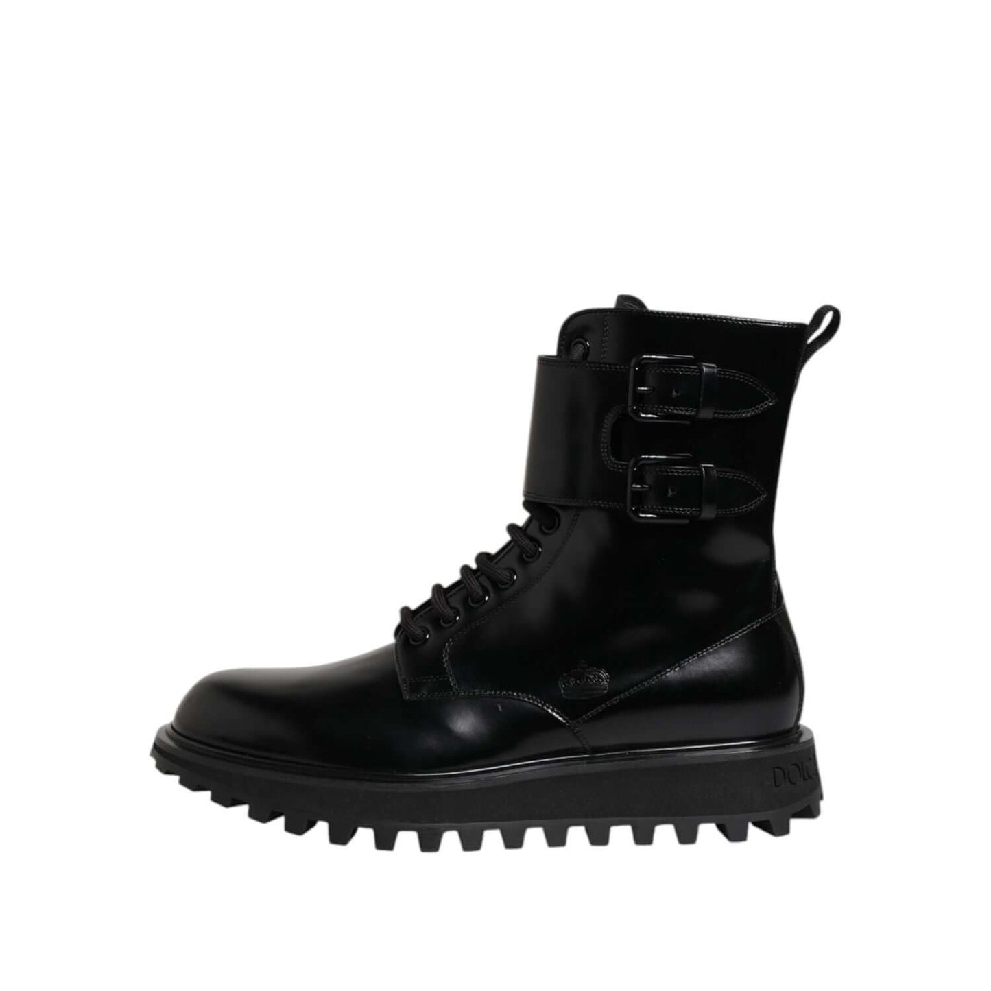 Dolce & Gabbana Black Leather Lace Up Mid Calf Boots Shoes with buckle detail, made in Italy.