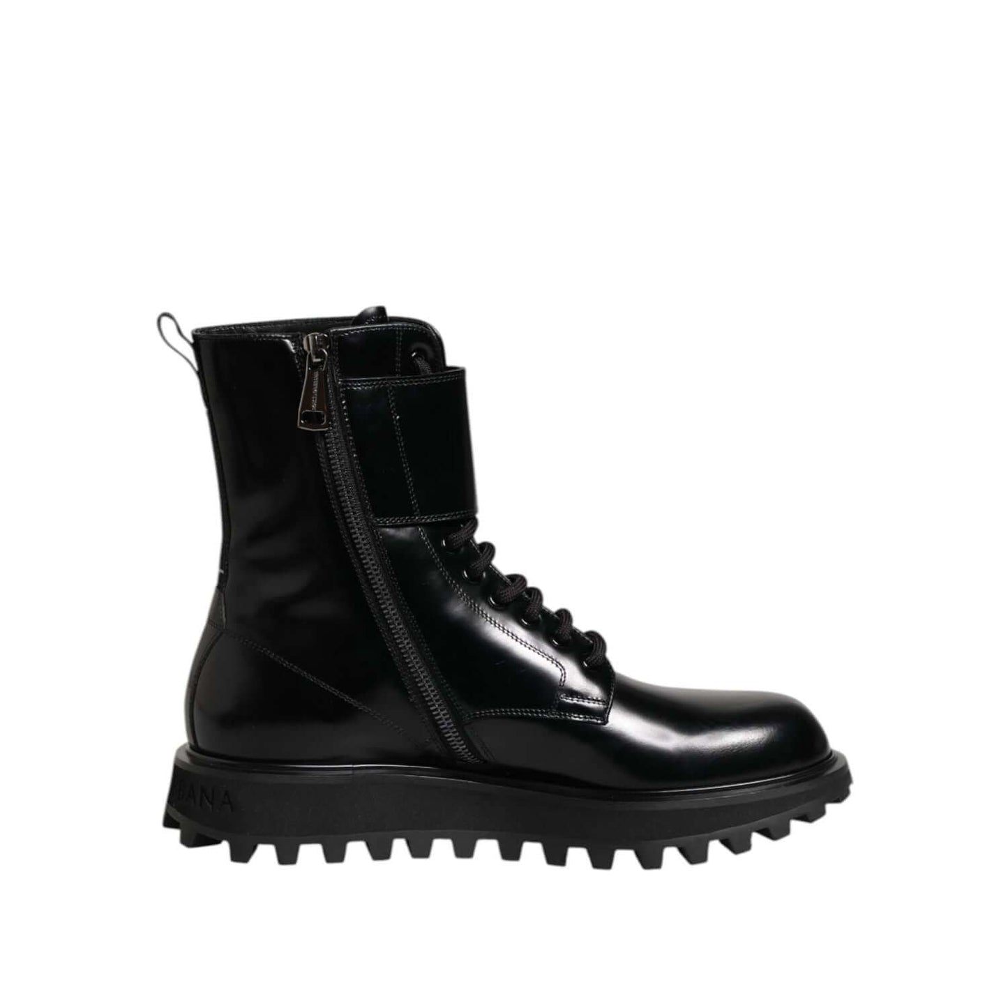 Dolce & Gabbana Black Leather Lace Up Mid Calf Boots Shoes showcasing elegant design and high craftsmanship, side view.