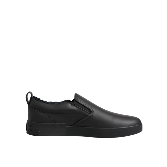 Dolce & Gabbana Black Leather Low Top Slip On Sneakers Shoes