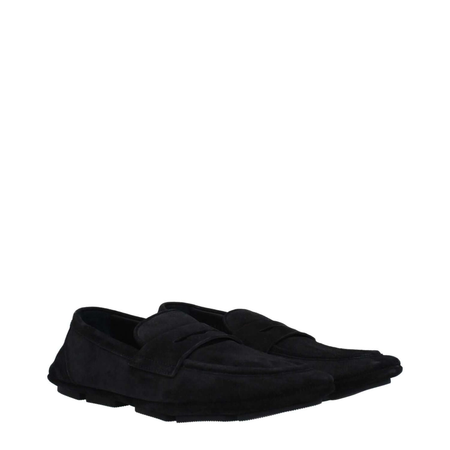 Dolce & Gabbana Black Leather Slip-On Loafers with rubber sole and round toe, featuring back logo, casual style.