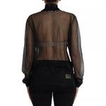 Back view of Dolce & Gabbana Black Mesh Turtleneck Sheer Blouse Top showing long sleeves and sheer design