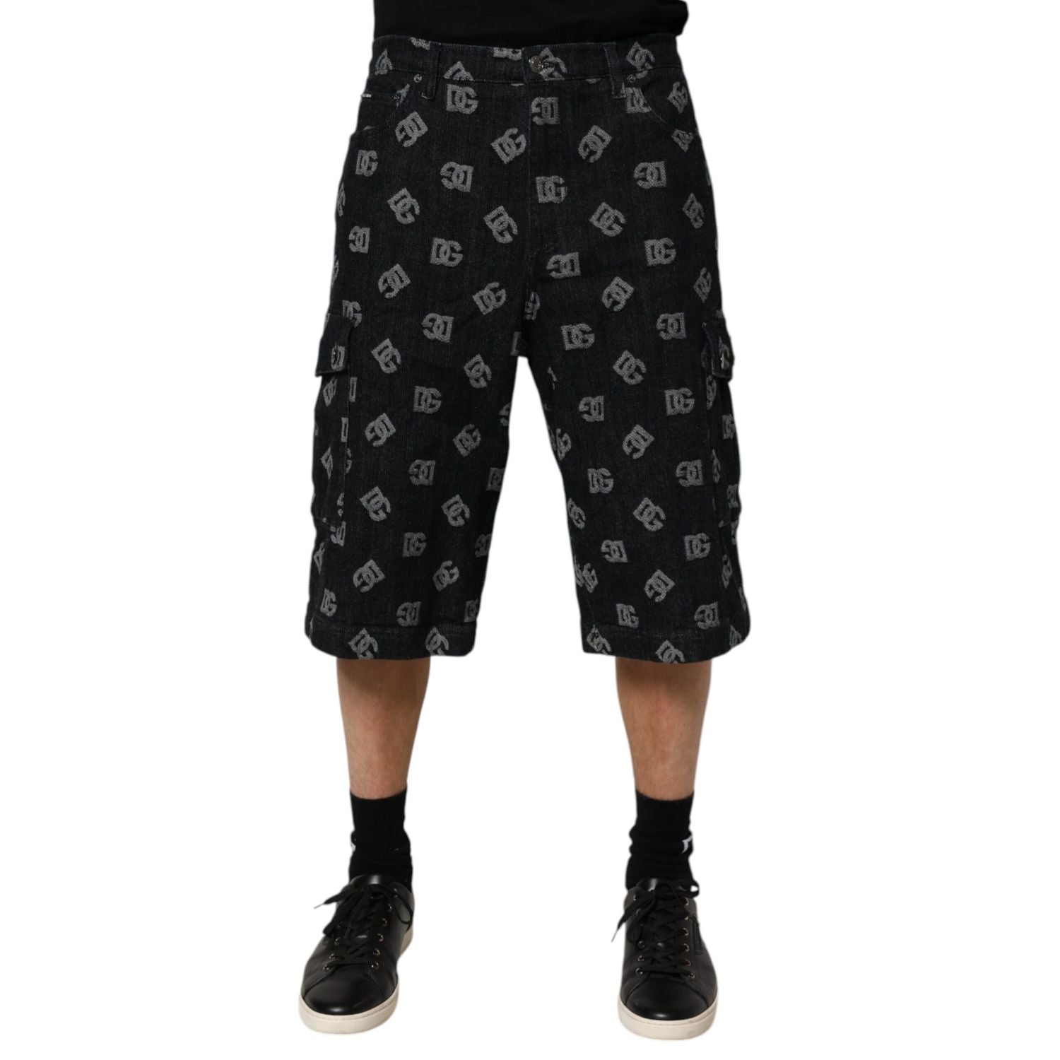 Dolce & Gabbana Black Monogram Denim Cargo Men Bermuda Short