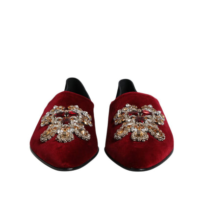 Dolce & Gabbana Black Red Velvet Embellished Slip On Shoes