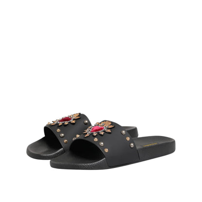 Dolce & Gabbana Black Rubber Sacred Heart Slides Men Beachwear Shoes