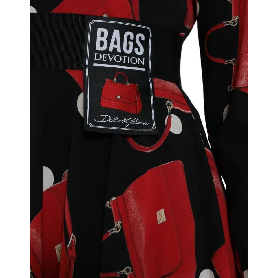Dolce & Gabbana Black Sicily Bag Print Flared Midi Dress with Bags Devotion patch detail, silk-blend, preowned with tags.