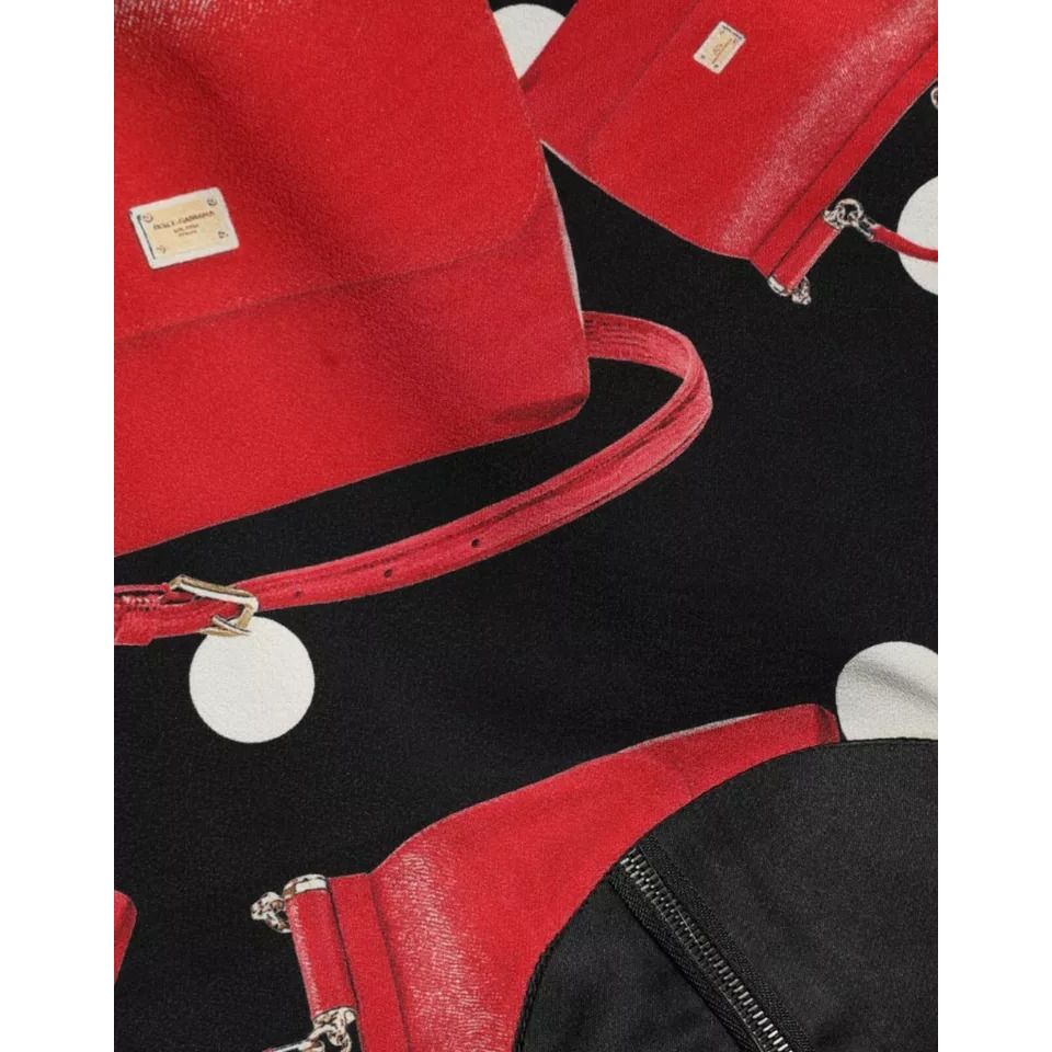 Dolce & Gabbana Black Sicily Bag Print Flared Midi Dress with red Sicily bag design detail.