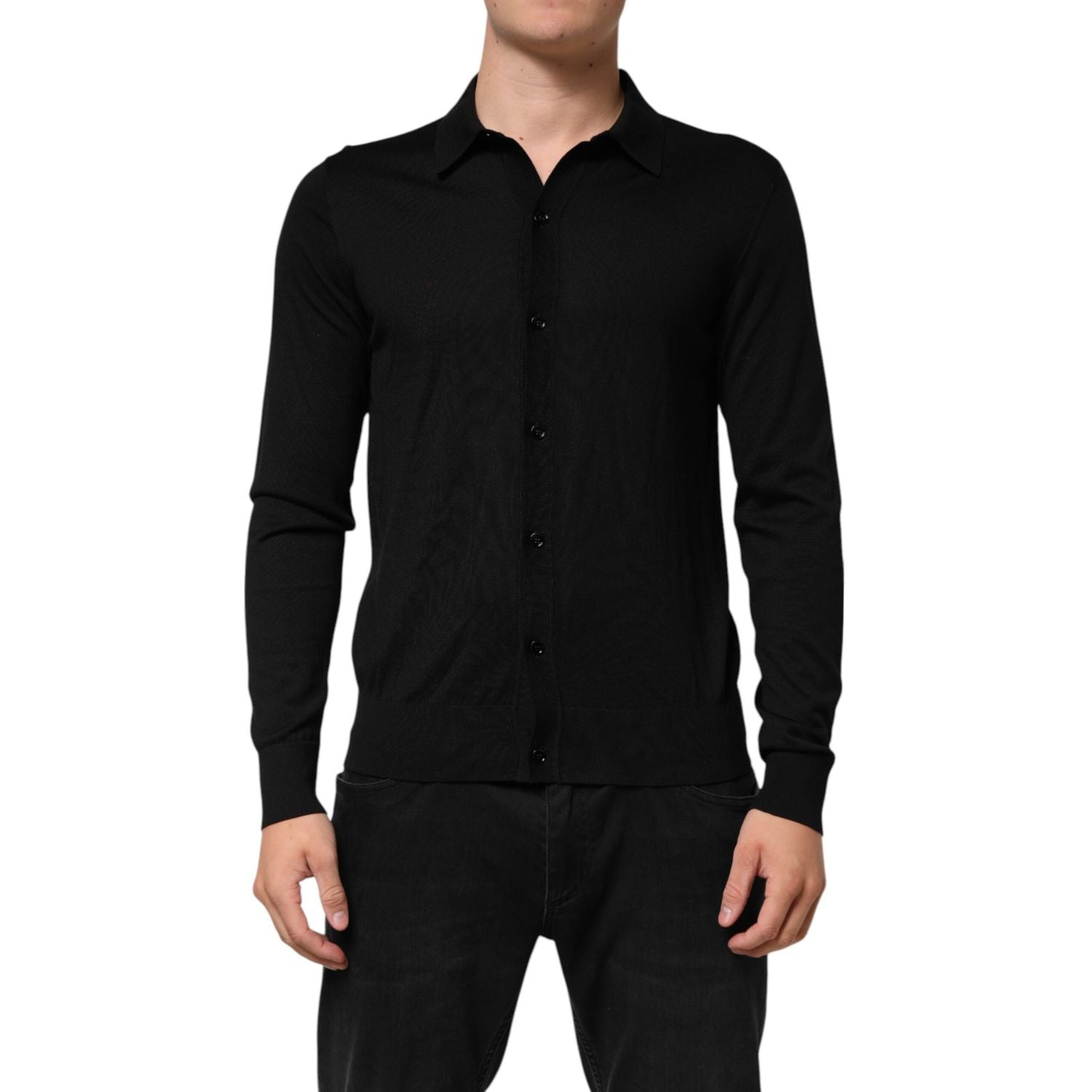 Dolce & Gabbana Black Silk Button Up Lightweight Sweater