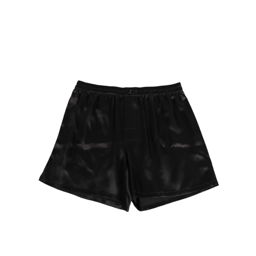Dolce & Gabbana Black Silk Satin Elastic Men Boxer Short Swimwear, showcasing luxury silk fabric with elastic waistband and logo detail.