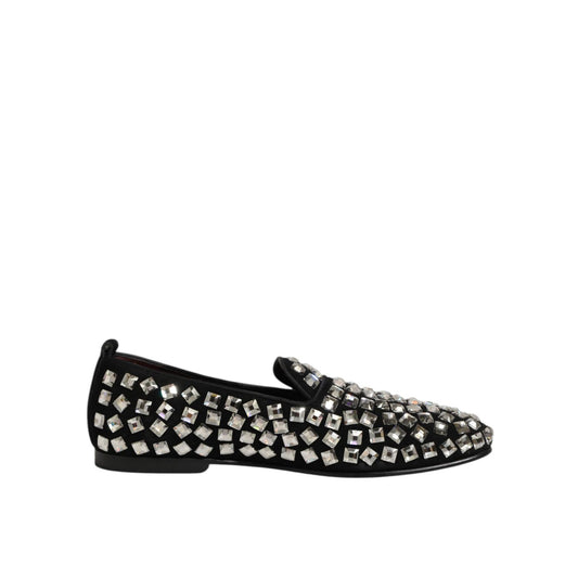 Dolce & Gabbana Black Suede Crystals Loafers Men Dress Shoes