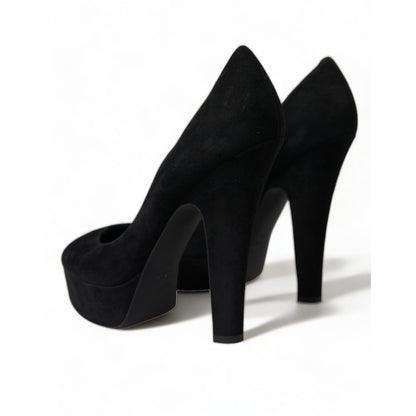 Dolce & Gabbana Black Suede Leather Platform Heel Pumps Shoes featuring covered platform and column heel in luxurious suede.