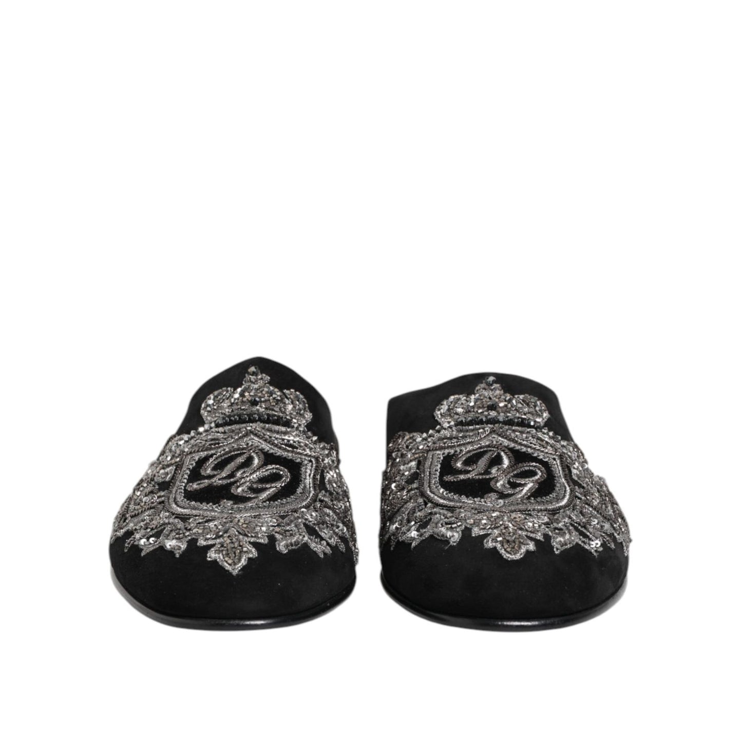 Dolce & Gabbana Black Velvet Slides DG Crown Slipper Shoes