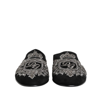 Dolce & Gabbana Black Velvet Slides DG Crown Slipper Shoes