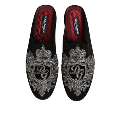Dolce & Gabbana Black Velvet Slides DG Crown Slipper Shoes