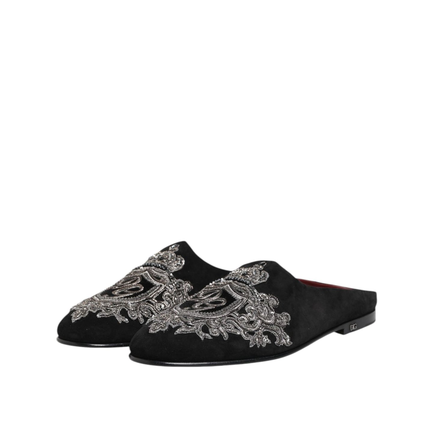 Dolce & Gabbana Black Velvet Slides DG Crown Slipper Shoes