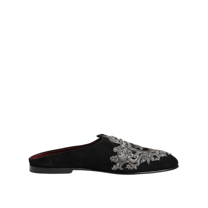 Dolce & Gabbana Black Velvet Slides DG Crown Slipper Shoes