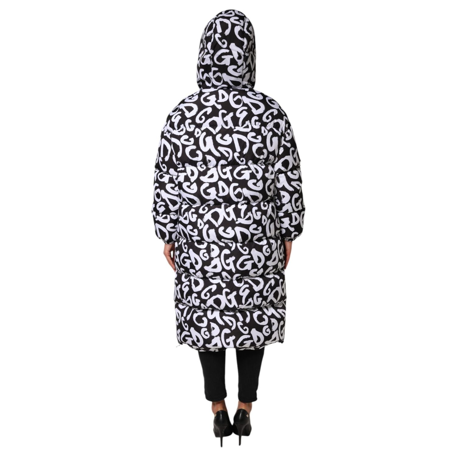 Dolce & Gabbana Black White DG Mania Hooded Long Coat Jacket