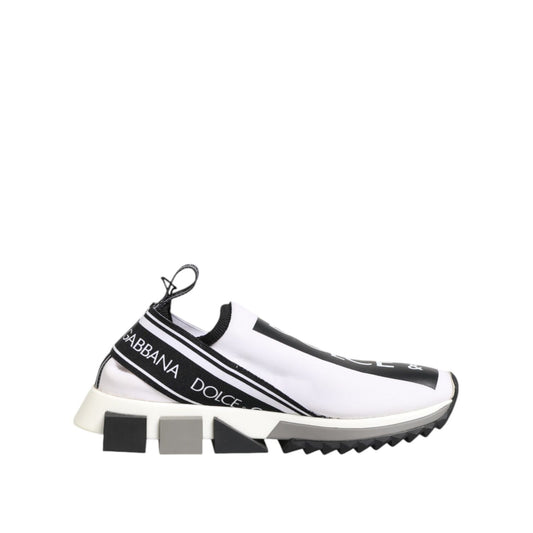 Dolce & Gabbana Black White Slip On Sorrento Sneakers Shoes with logo detailing and rubber sole, luxury and sporty design.
