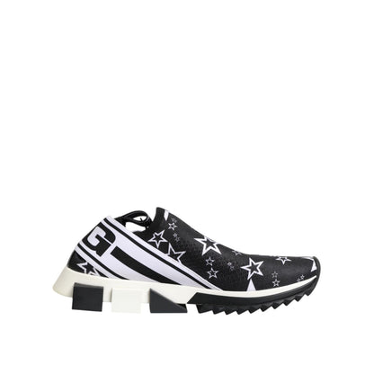 Dolce & Gabbana Black White Sorrento Low Top Sneakers Shoes featuring star patterns and logo, made in Italy with rubber sole and high craftsmanship.