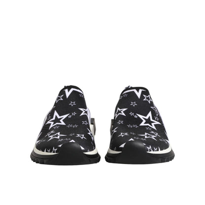 Dolce & Gabbana Black White Sorrento Low Top Sneakers Shoes with star pattern on fabric, rubber sole, logo details, side view.