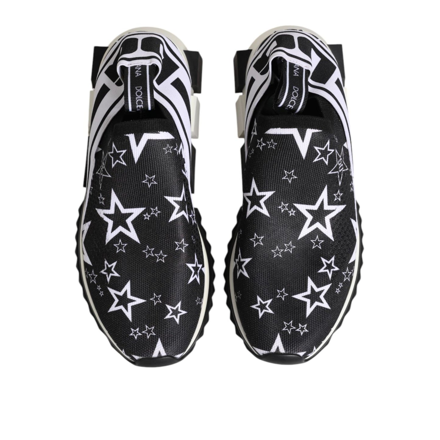 Dolce & Gabbana Black White Sorrento Low Top Sneakers Shoes with star pattern, showcasing fabric design and rubber sole, logo details visible.