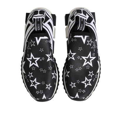Dolce & Gabbana Black White Sorrento Low Top Sneakers Shoes with star pattern, showcasing fabric design and rubber sole, logo details visible.