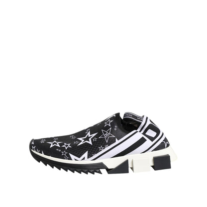 Dolce & Gabbana Black White Sorrento Low Top Sneakers Shoes with star pattern and logo details, made of fabric with rubber sole.