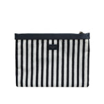 Dolce & Gabbana Black White Striped Logo Plaque Clutch Pouch Bag with zip closure and metal hardware.