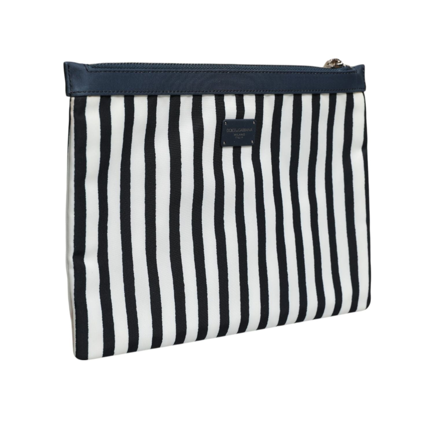 Dolce & Gabbana Black White Striped Logo Plaque Clutch Pouch Bag