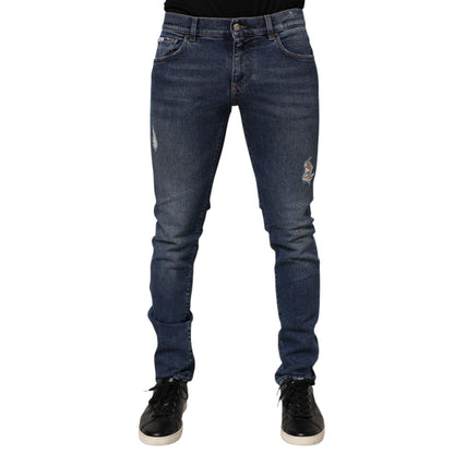 Dolce & Gabbana Blue Cotton Logo Plaque Skinny Men Denim Jeans