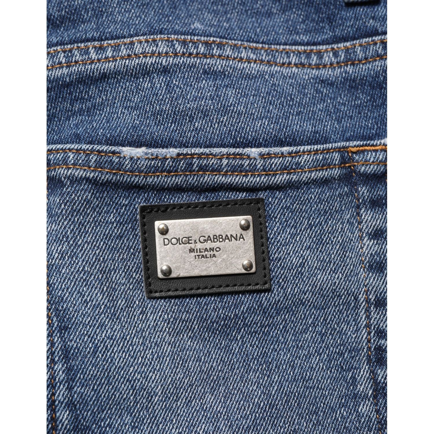 Dolce & Gabbana Blue Cotton Logo Plaque Skinny Men Denim Jeans