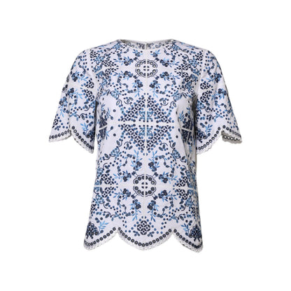 Dolce & Gabbana Blue Lace Eyelet Crew Neck Blouse Top