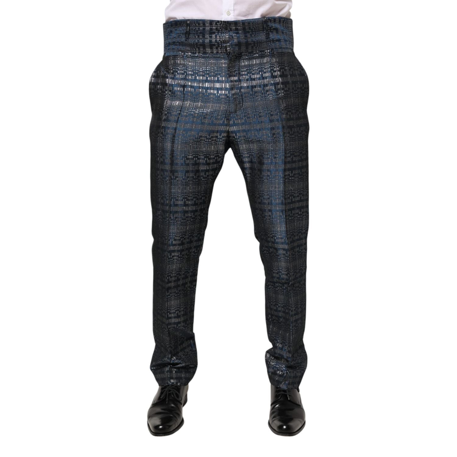Dolce & Gabbana Blue Silver Shiny Silk Skinny Men Trouser Pants