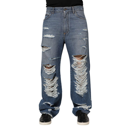 Dolce & Gabbana Blue Tattered Cotton Logo Plaque Denim Jeans
