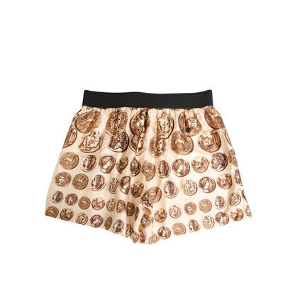 Dolce & Gabbana Brown Ancient Coin Print Silk Shorts Swimwear