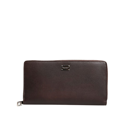 Dolce & Gabbana Brown Calfskin Leather Logo Zip Around Continental Wallet
