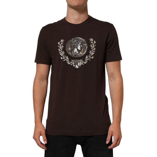 Dolce & Gabbana Brown Coin Laurel Print Men Crew Neck T-shirt