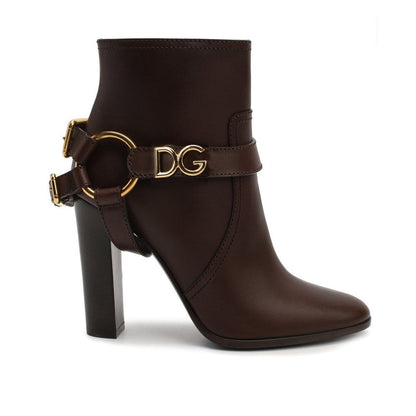 Dolce & Gabbana Brown Leather Ankle Boots with gold hardware, 11 cm heel, and zip fastening.