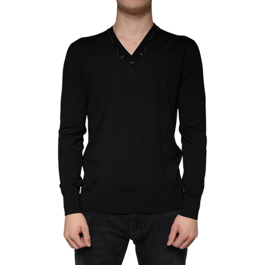 Dolce & Gabbana Black Embellished V-neck Pullover Sweater TSH83744-42
