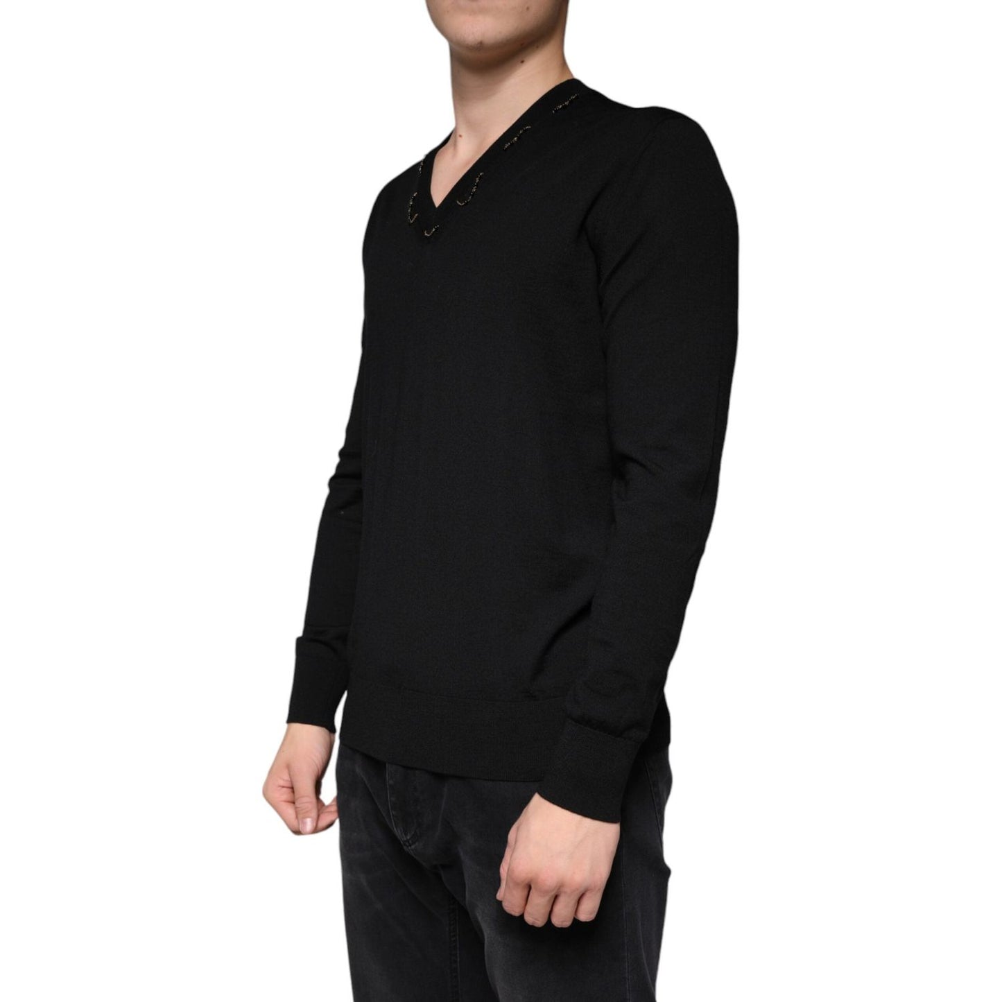 Dolce & Gabbana Black Embellished V-neck Pullover Sweater TSH83744-42