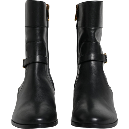Dolce & Gabbana Black Leather Logo Mid Calf Boots Shoes LA11816-37.5