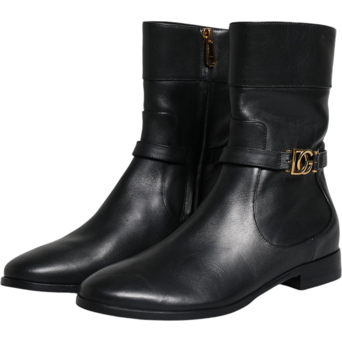 Dolce & Gabbana Black Leather Logo Mid Calf Boots Shoes LA11816-37.5