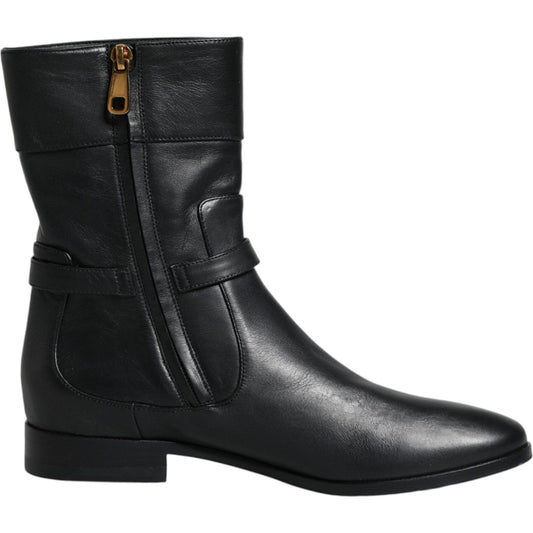 Dolce & Gabbana Black Leather Logo Mid Calf Boots Shoes LA11816-37.5