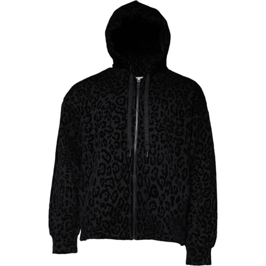 Dolce & Gabbana Dolce & Gabbana Black Leopard Cotton Hooded Full Zip Sweater TSH86961-48 1728,67345645728,Black,Dolce & Gabbana,IT48 | M,Material: 100% Cotton,Men,Preowned / Defect,Sweaters - Men - Clothing